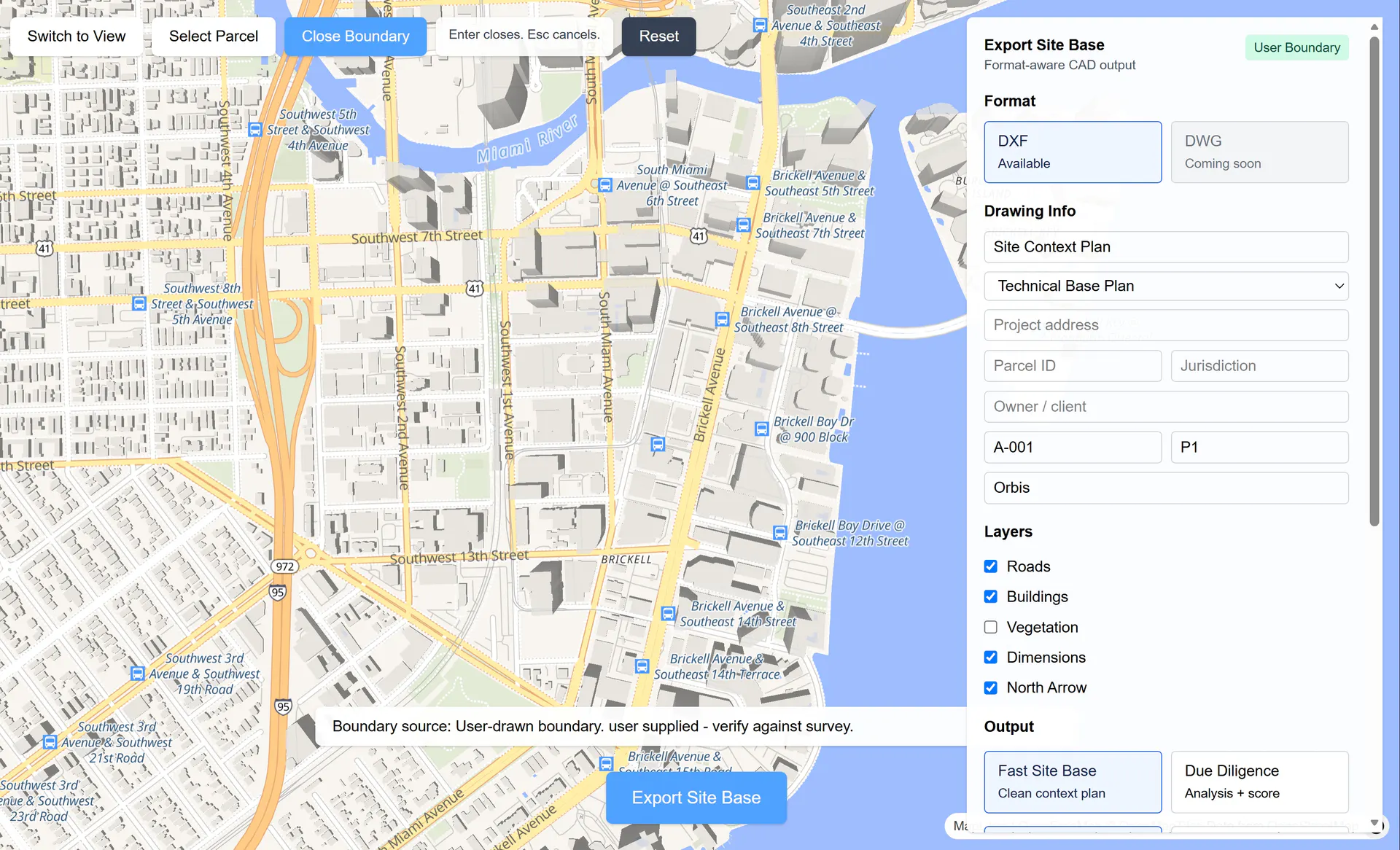 Orbis map showing the Miami and Brickell project area before a boundary is selected