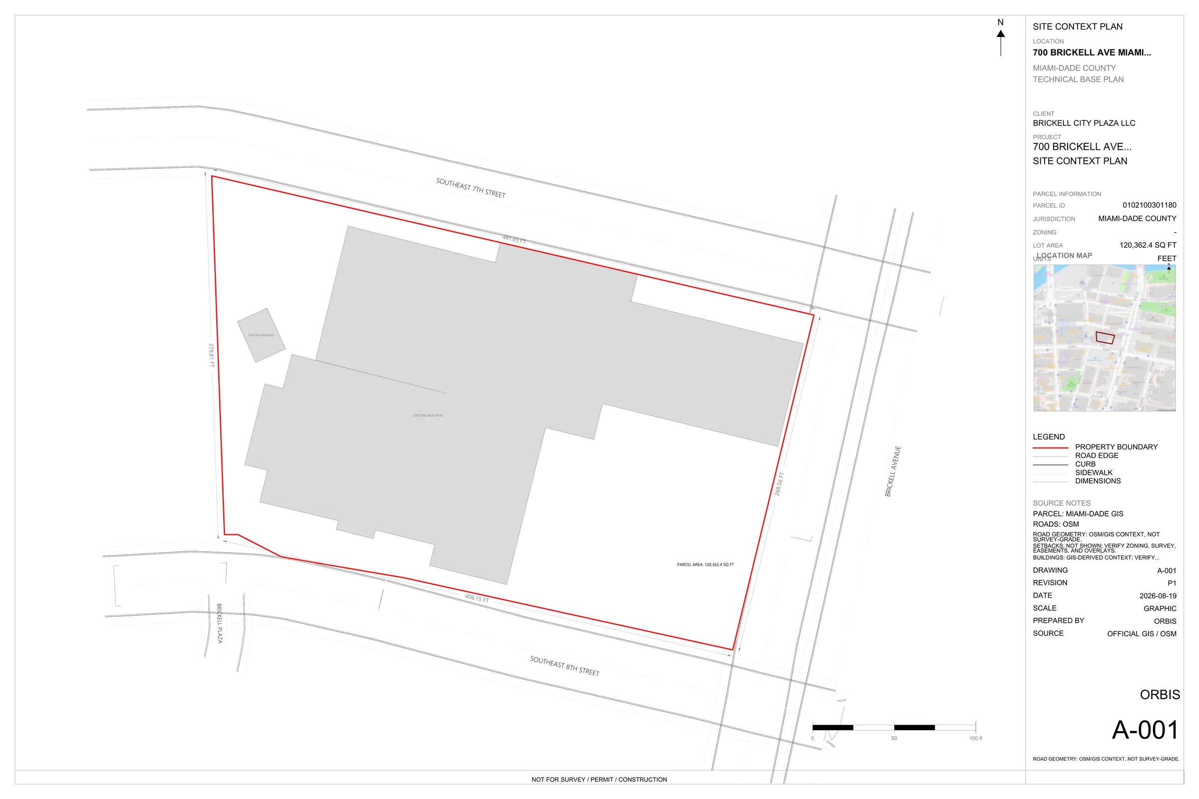 A-001 site context plan exported from the documented Orbis workflow